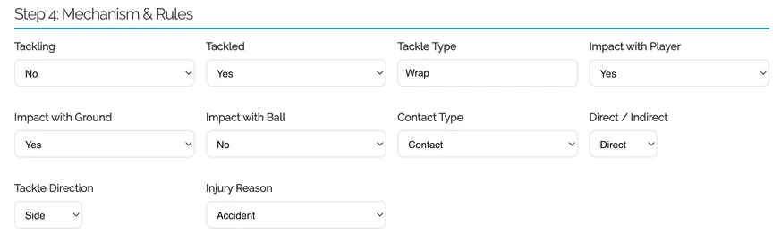 Injury mechanism intake form with tackle, impact, and contact fields the study collected for each injury